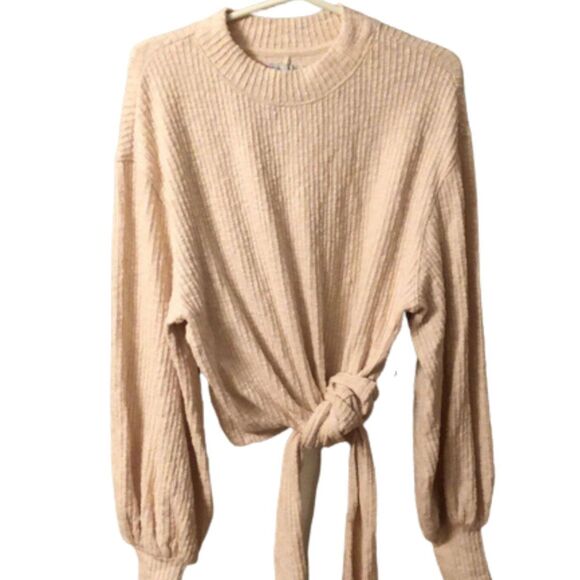 FREE PEOPLE BEACH SZ XS IVORY OVERSIZED RIBBED TIE FRONT LONG SLEEVE TOP - Picture 1 of 9